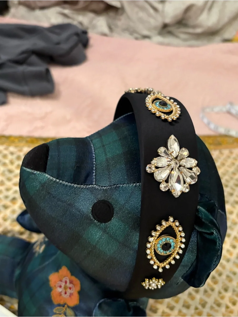 NWOT Boutique Embellished Black Satin Headband with Crystal Evil Eye Accent